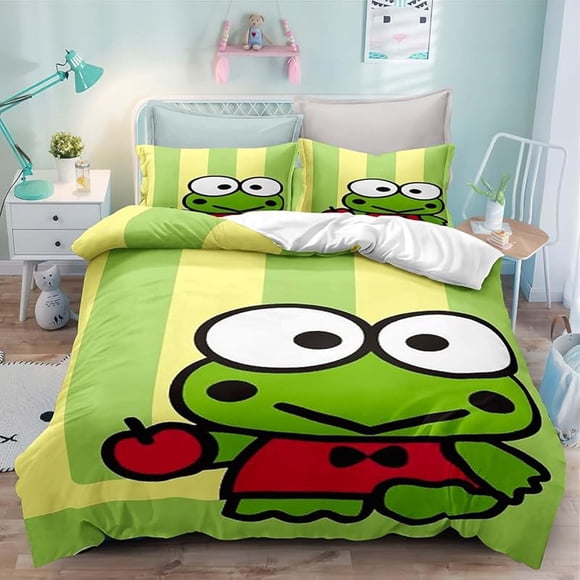Bed- Duvet C-over A-nime -Cartoon Ker-oppi Kaw-aii Bedd-ing S-ets 3D Light-weig-ht 3 Pie-ce Comfort-er Sets