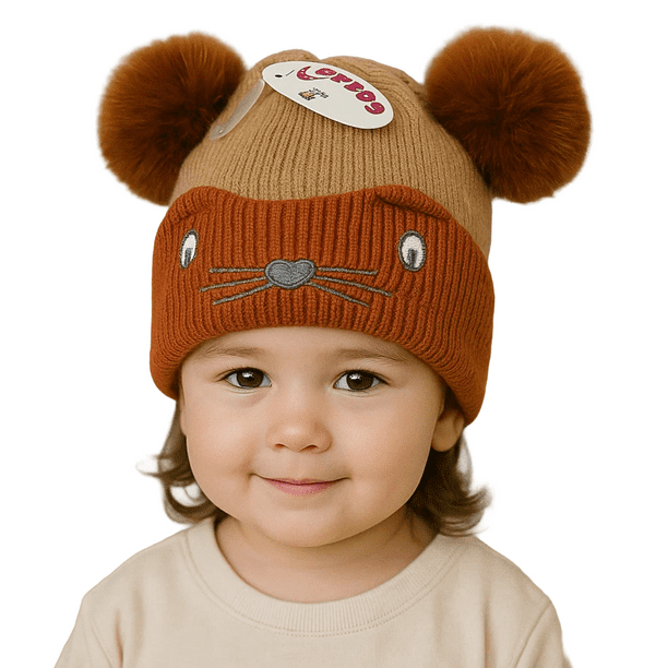 Gorro Invierno Infantil De Lana Diseño Raton Con Pompon