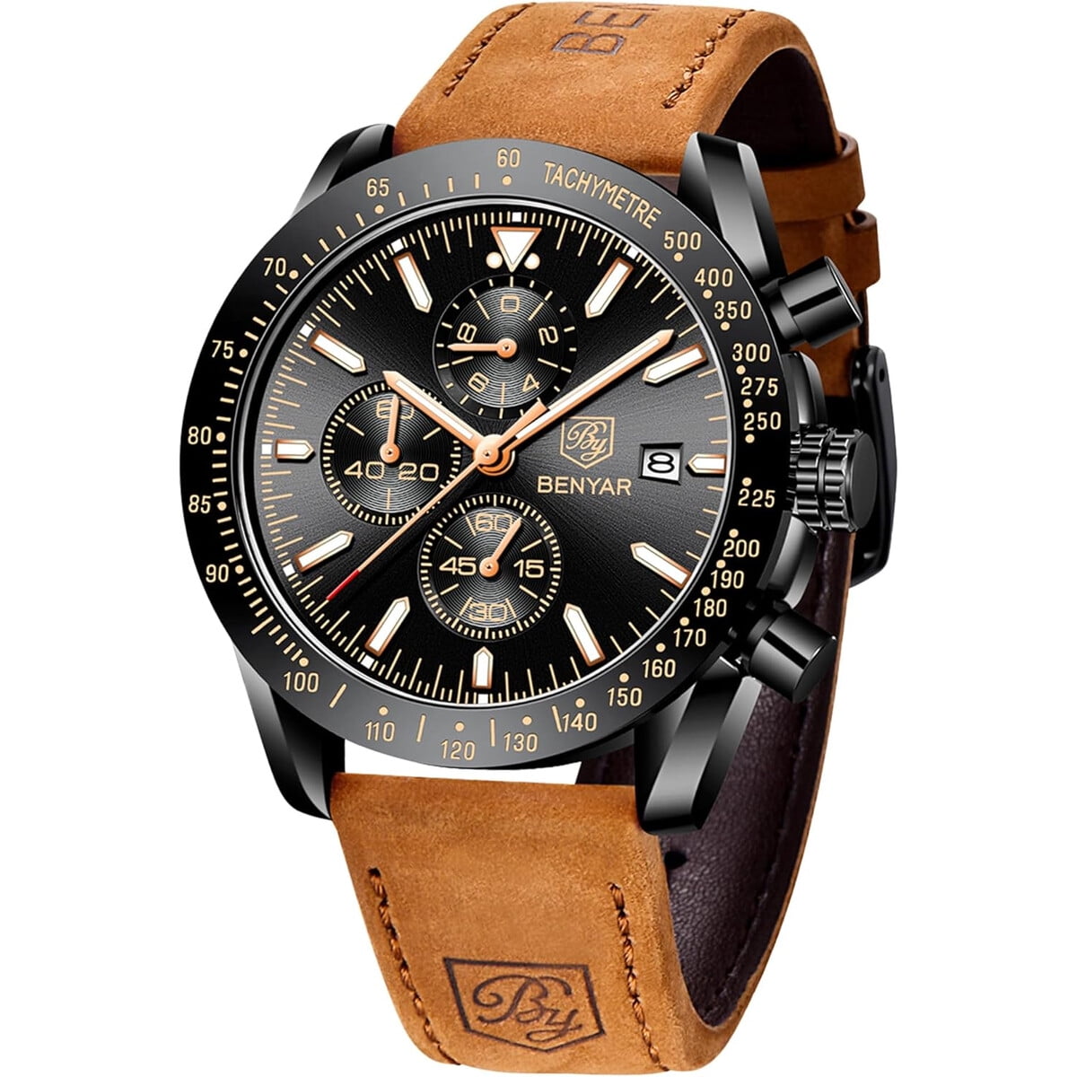 Reloj Benyar Hombre Cronagrafo 45mm Cuarzo Cuero Impermeable