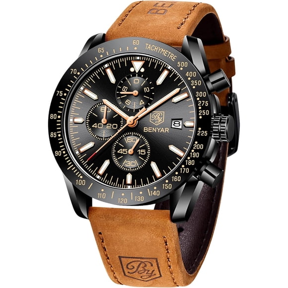 Reloj Benyar Hombre Cronagrafo 45mm Cuarzo Cuero Impermeable