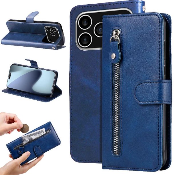 Funda tipo cartera para iPhone 17 Pro con bolsillo con cremallera y ranuras para tarjetas – Función de soporte Azul