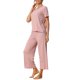 thumbnail image 4 of Conjunto de Pijama Acanalado de Mujer INSPIRE CHIC Manga Corta Modal con Puños de Volantes y Pantalones de Descanso Suaves M Rosa, 4 of 6