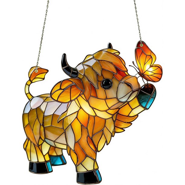 Atrapasol mariposa vaca highland 20cm estilo vitral colgante ventana animal granja atrapasol regalo amantes vacas