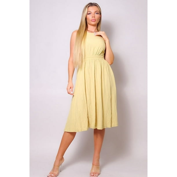 Vestido Midi de Lino sin Mangas con Abertura en la Espalda