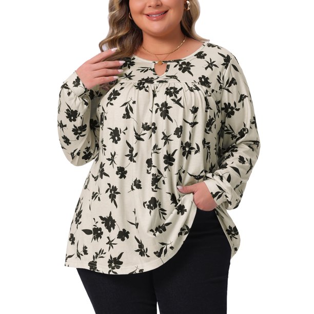 Agnes Orinda Conjuntos de Halloween Blusa Casual de Talla Grande para Mujer con Cuello de Llave Floral de Manga Larga 3X Beige