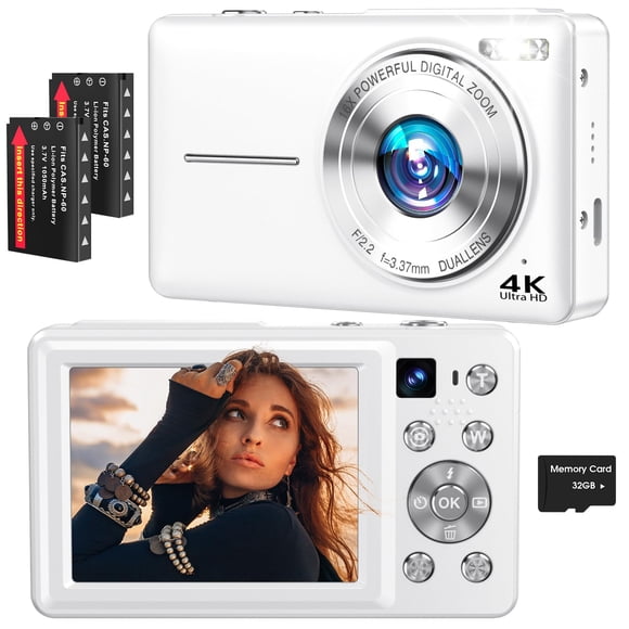 Cámara digital Froitx 4K 64 MP con doble lente y zoom 16X, blanca