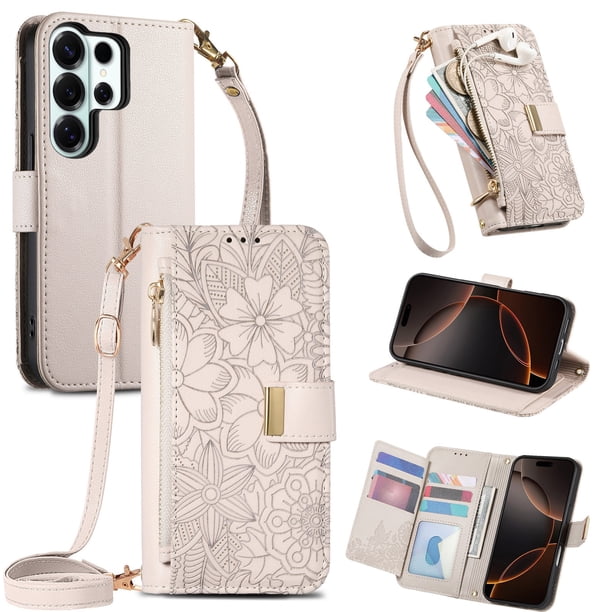 Funda tipo cartera de piel sintética FOXDOCK para Samsung Galaxy S26 Ultra – Resistente a golpes y a las interferencias RFID – Correa de mano larga Blanco