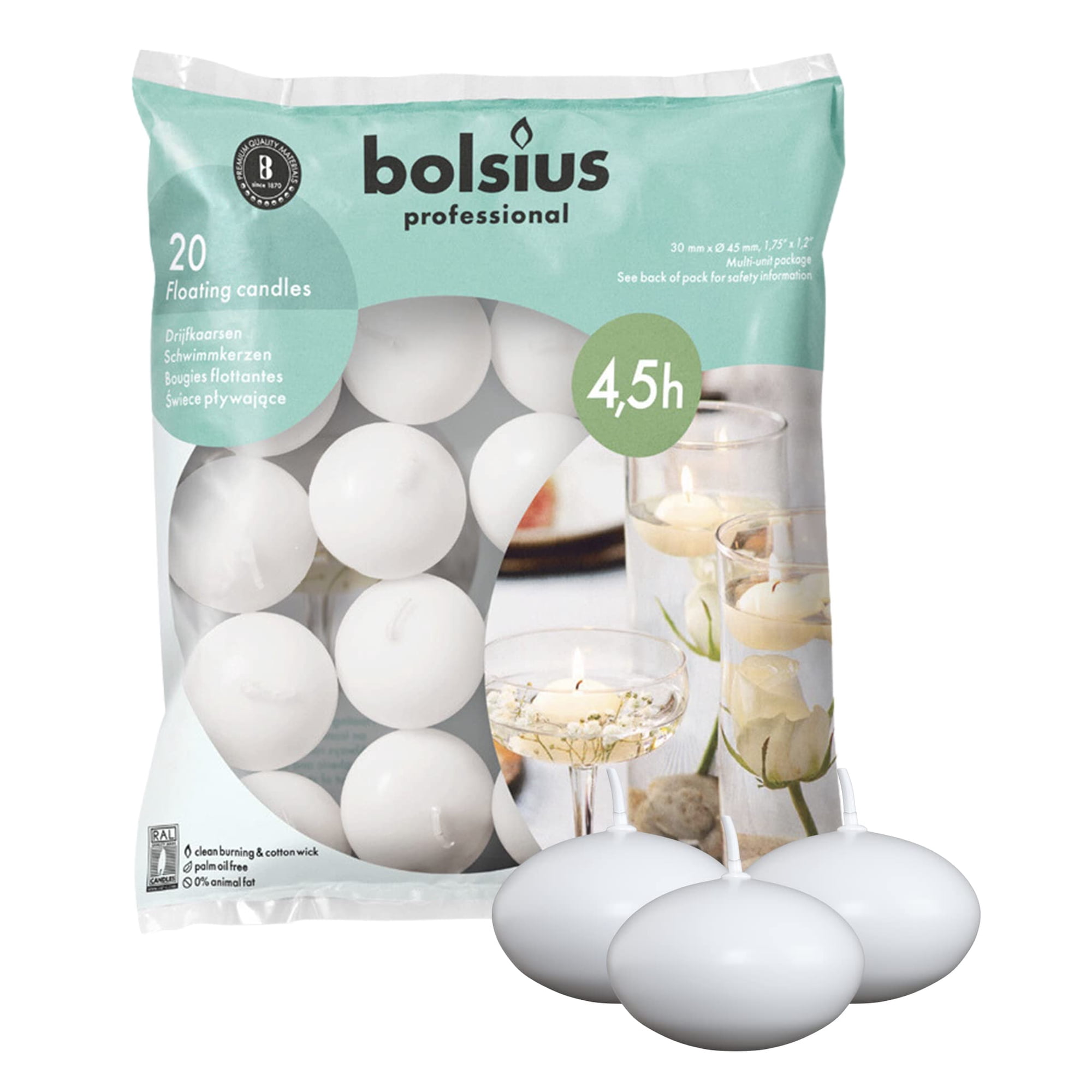 Velas Flotantes Bolsius, Blancas, 20 Unidades, 4,5 Cm, 125 Ml, 5 Horas De Duración