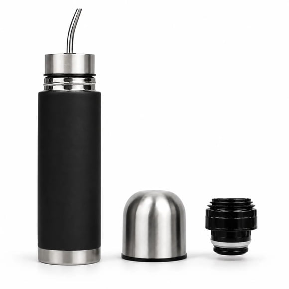 Termo Mate Acero Inoxidable Autocebante 2 en 1 Tawo 750 Ml Hermetico Antiderrame - Negro