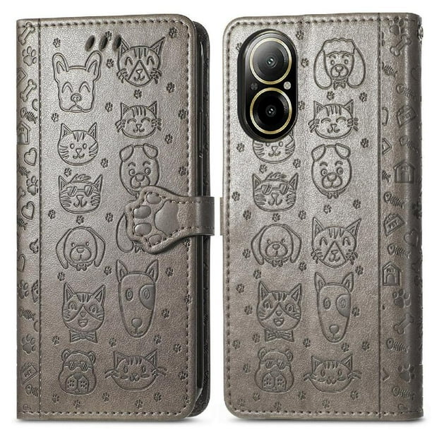 Funda Cartera FOXDOCK para Realme C67 4G , Flip PU con Relieve de Gatos y Perros, Tarjetero y Soporte