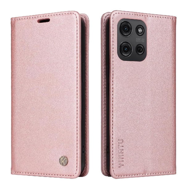 Funda Billetera de Cuero para Motorola MOTO G75 5G con Tarjetero y Soporte - Tapa Magnética Rosa