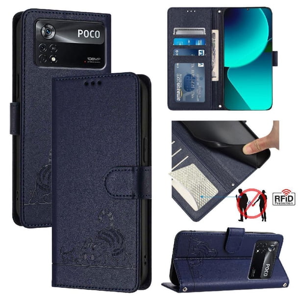 Funda tipo cartera FOXDOCK para Xiaomi POCO X4 PRO 5G con soporte, ranuras, RFID, diseño de gato