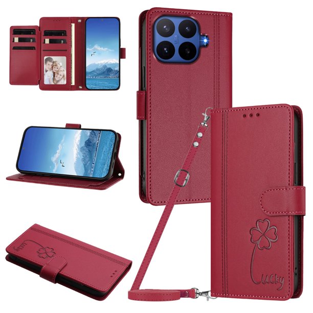 Funda Cartera Trébol para Xiaomi 17T con Ranuras Tarjetas y Carga Inalámbrica Rojo