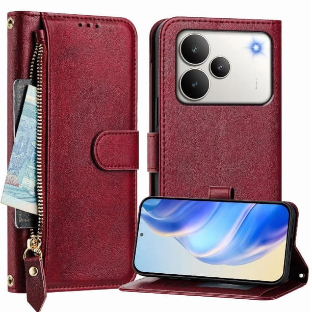 FOXDOCK Funda Tipo Cartera para Tecno Camon 15 Cuero PU con Cremallera y Correa de Muñeca, Ranuras para Tarjetas, Soporte Plegable, Cierre Magnético