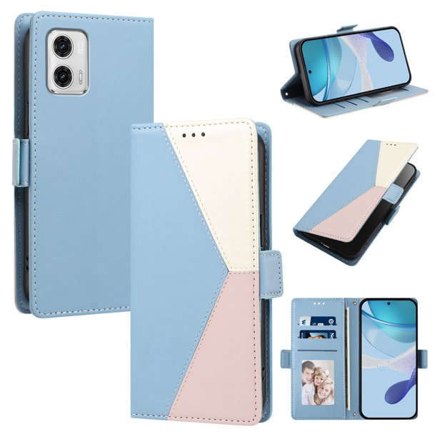 Cartera Plegable para Motorola Moto G73, PU Tricolor con Ranuras, Azul Claro