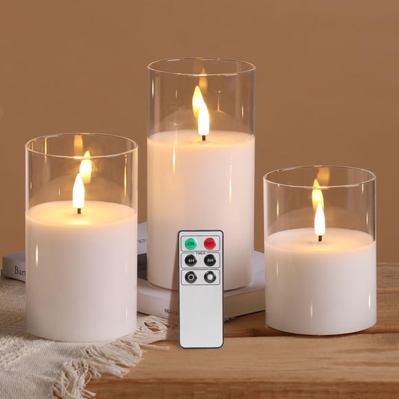 Velas sin llama Eywamage de cristal transparente con mando a distancia, juego de 3