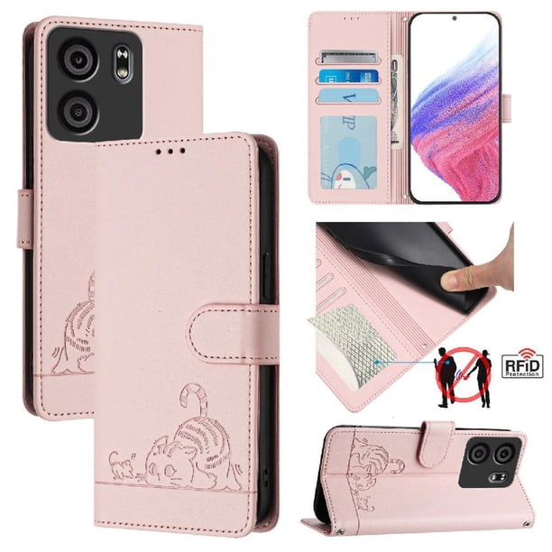 Funda tipo cartera FOXDOCK para BLU View 5 con soporte, ranuras, RFID, diseño de gato