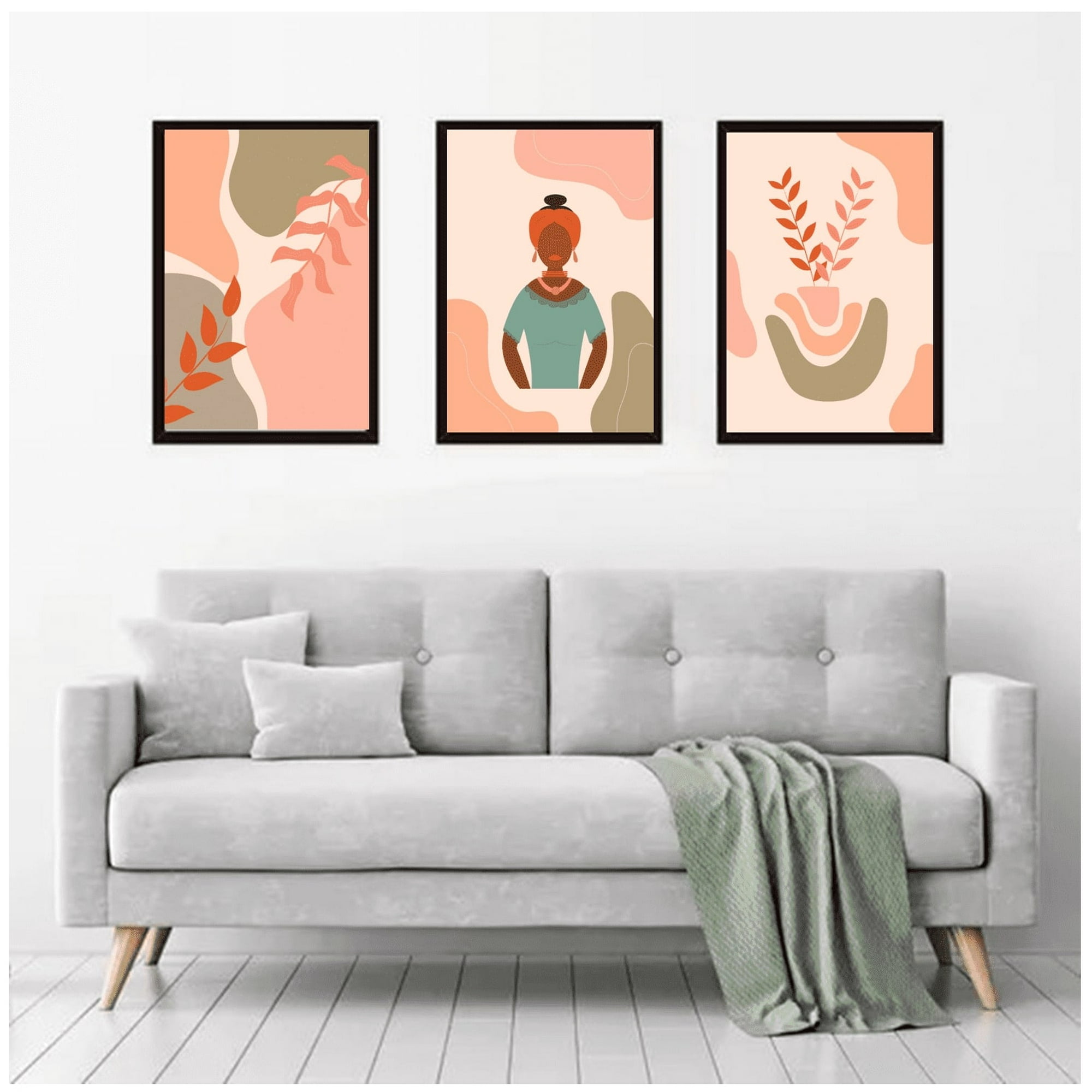 Genérico - Cuadros Decorativos Flores Y Mujer Negra Pack X 3 Uds. 35x50 Cm C/u