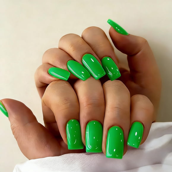 Uñas Postizas JOYVVEW Medianas Cuadradas Verde Brillante 28 Piezas