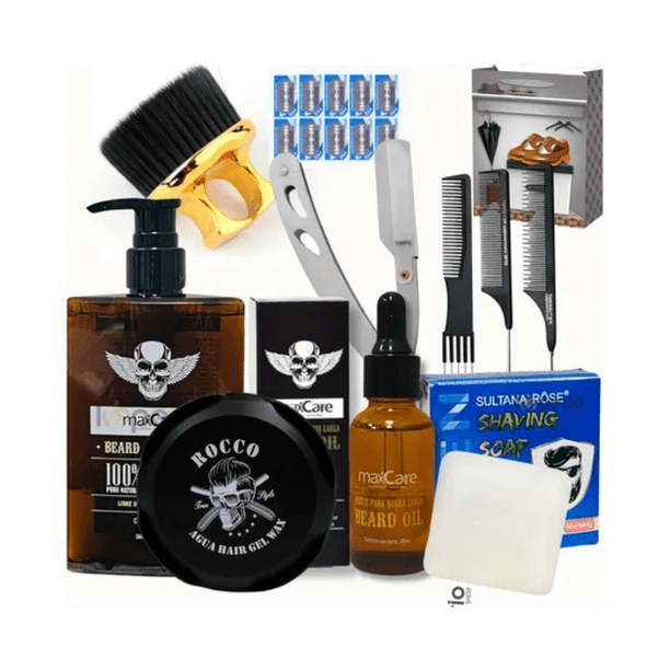 Kit Barberia Aceite Cera Shampoo Navaja Cepillo