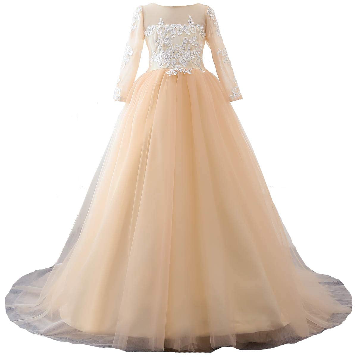 Vestido De Satén De Manga Larga Dejavu Hdslp Para Niña Con Flores, Color Champán
