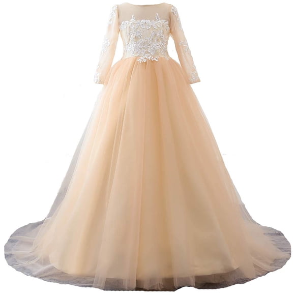 Vestido de satén de manga larga Dejavu HDSLP para niña con flores, color champán