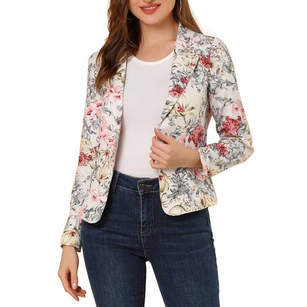 INSPIRE CHIC Chaqueta de Traje de Trabajo Abierta con Estampado de Solapa de Muesca Ajustada para Mujer Regreso a Clases para Maestras M Beige-Floral