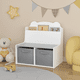 thumbnail image 1 of Kids Bookshelf with Storage Bins – Wooden Bookcase with Book Display Shelf and 2 Fabric Bins, Cute Bear-Shaped Backboard, Toy Organizer for Toddlers and Children, White and Gray, 1 of 3