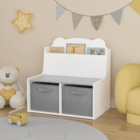 M&Ms - Kids Bookshelf With Storage Bins – Wooden Bookcase With Book Display Shelf And 2 Fabric Bins, Cute Bear-Shaped Backboard, Toy Organizer For Toddlers And Children, White And Gray