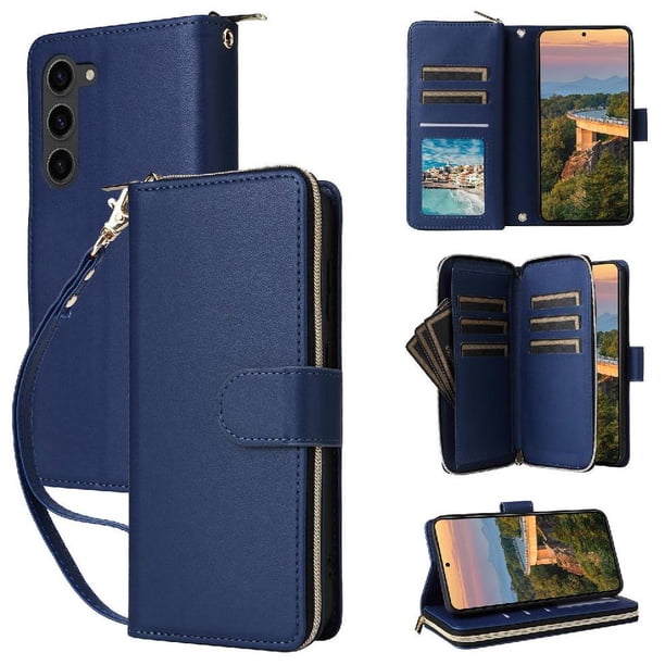 Funda Cartera con Cremallera y Correa para Samsung Galaxy S23 Plus Soporte y Tarjetero Azul