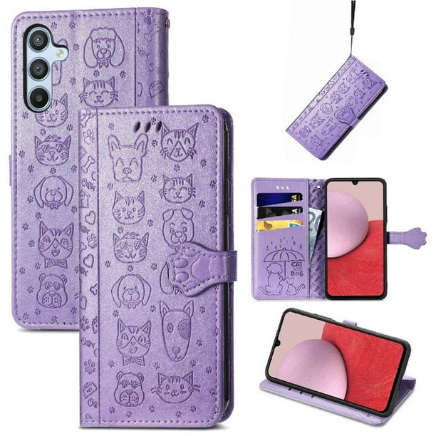 Funda Cartera FOXDOCK para Samsung Galaxy A14 , Flip PU con Relieve de Gatos y Perros, Tarjetero y Soporte