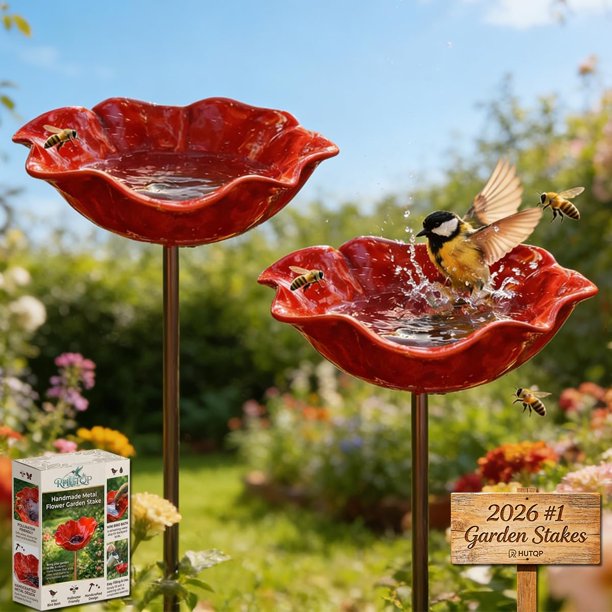 Estaca jardín flor metal hecha mano mini baño pájaros exterior estación riego abejas