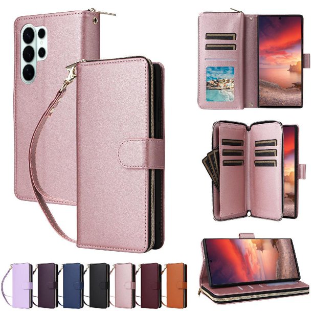 Funda Cartera con Cremallera y Correa para Samsung Galaxy S26 Ultra 5G Soporte y Tarjetero Oro rosa
