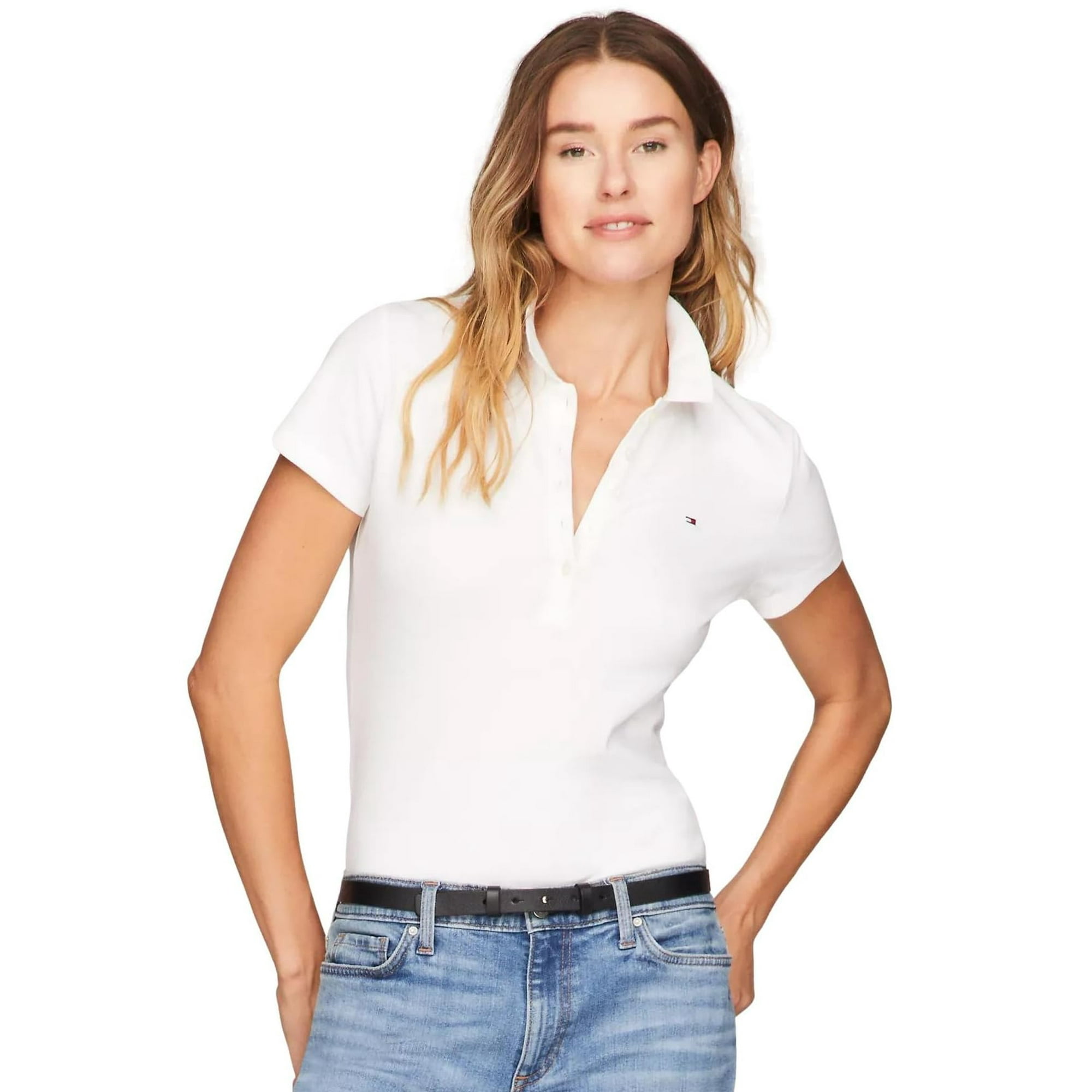 Polo Tommy Hilfiger De Manga Corta Para Mujer, Talla Xl, Color Blanco