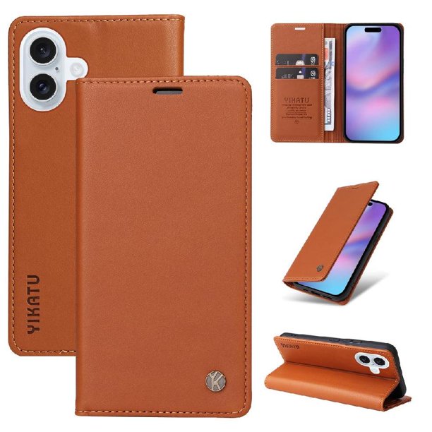 Funda Billetera de Cuero para iPhone 17 con Tarjetero y Soporte - Tapa Magnética Marrón