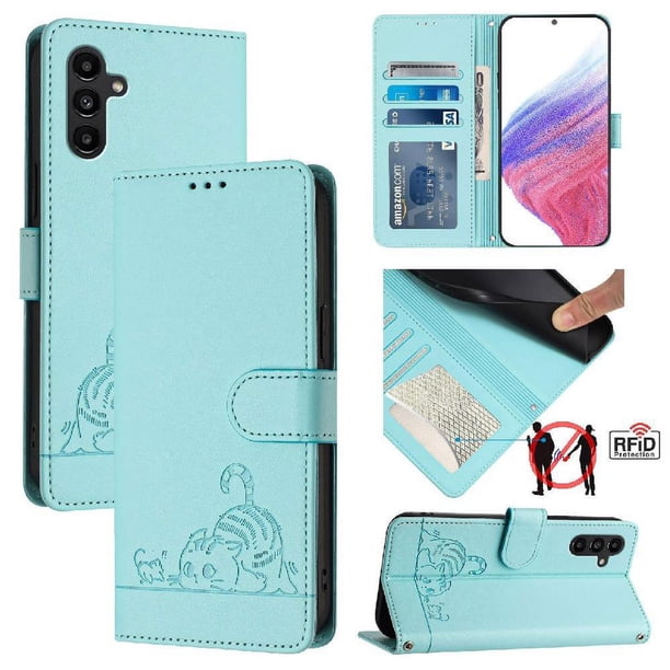 Funda tipo cartera FOXDOCK para Samsung Galaxy A04S con soporte, ranuras, RFID, diseño de gato