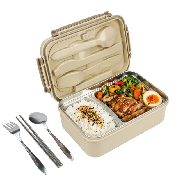 REGALWOVEN Caja Bento para Adultos, Contenedor de Preparación de Comidas a Prueba de Fugas con 3 Compartimentos y Utensilios para Viajes de Trabajo Khaki-2