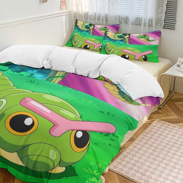 Caterpie Bed Duvet Cover Funny Anime Cartoon Bedding Sets Lightweight 3 Piece Comforter Sets