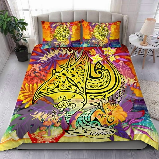 Juego de cama Polinesia - Juego de funda nórdica Tortuga Tiburón Manta
