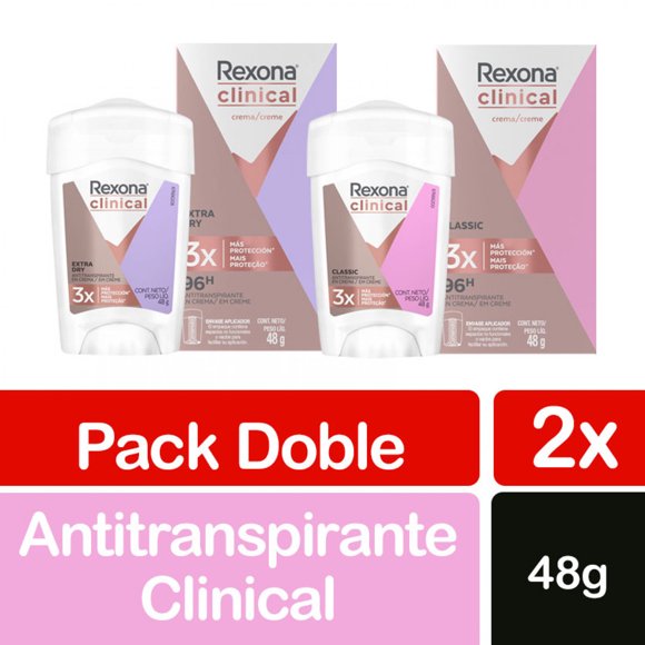 Desodorante Crema Rexona Clinical Extra Dry y Classic Mujer, 2 un