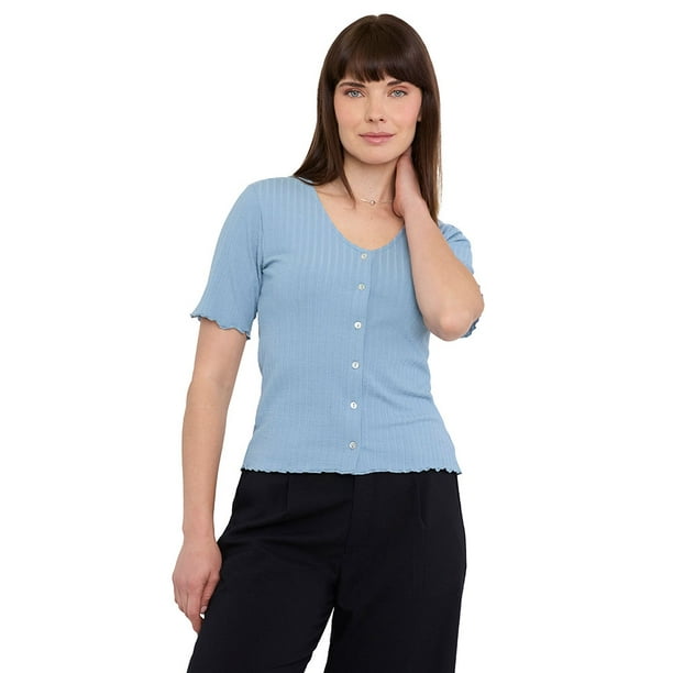 Polera Mujer Rib Botones Celeste Corona