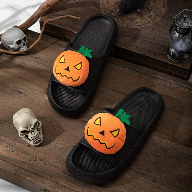 Women's Fashion Pumpkin Face Decor Slippers, Casual Solid Color Faux Leather Pillow Slippers, Trendy Halloween Shoes