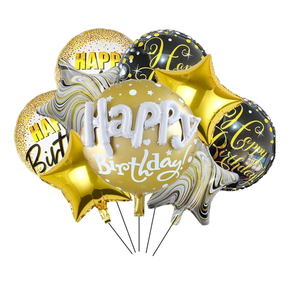 Juego de globos de aluminio con forma de feliz cumpleaños, 8 unidades, negro y dorado, 45 cm