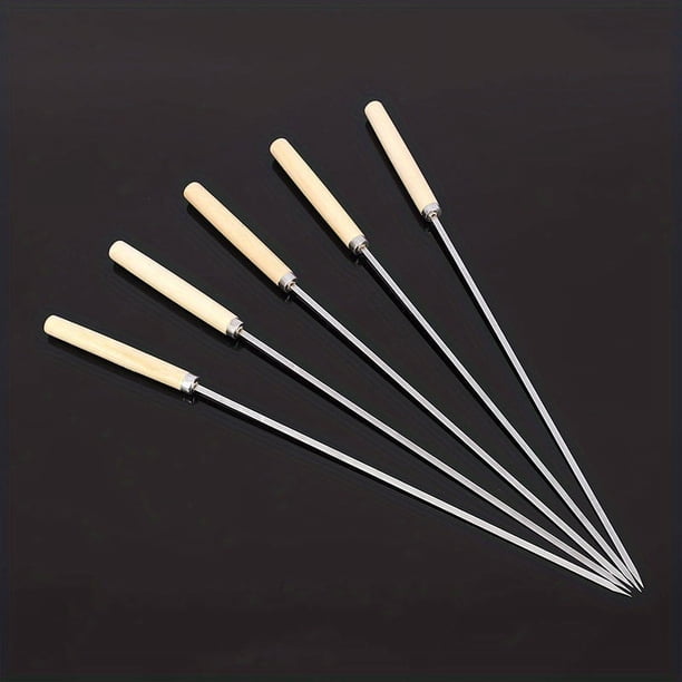 10pcs Barbecue Skewers With Wooden Handle Marshmallow Roasting Sticks Meat Hot Dog Fork Best For BBQ Camping Cookware Campfire Grill Cooking, Stainless Steel, 13 Inches (Including Handle)