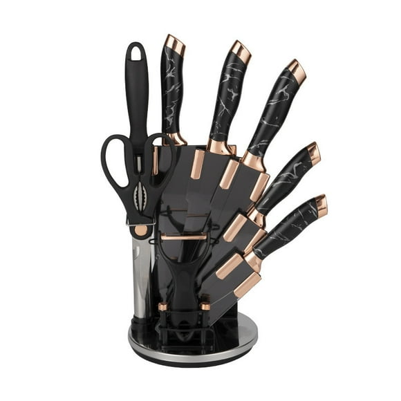 Set Cuchillos De Cocina 9 Piezas Con Base Giratoria Marmoleado Negro Plateado