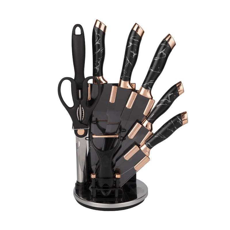 Mp - Set Cuchillos De Cocina 9 Piezas Con Base Giratoria Marmoleado Negro Plateado