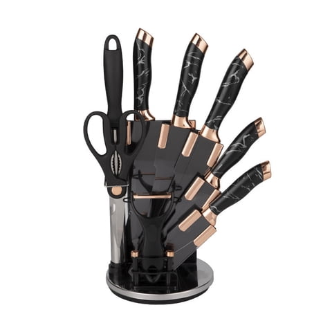 Mp - Set Cuchillos De Cocina 9 Piezas Con Base Giratoria Marmoleado Negro Plateado