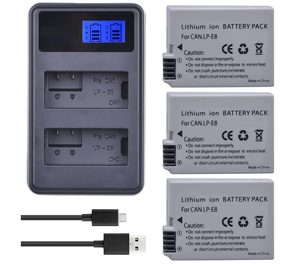 Genérico - 3 Baterías Lp-E8 + Cargador Doble Lc-E8 Alternativo Canon