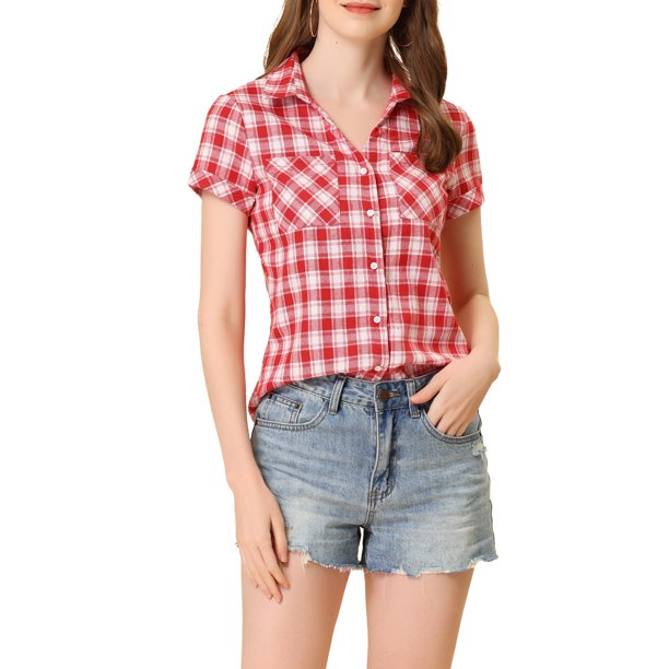 INSPIRE CHIC Camisas de Cuadros para Mujer Cuello en Punta Abotonado Blusas de Regreso a Clases Rojo Blanco M