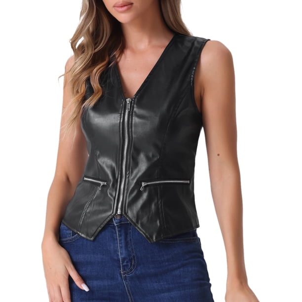 Chaleco Vintage de Cuero Sintético para Mujer INSPIRE CHIC con Escote en V, Sin Mangas, Cremallera, Talla XL Negro